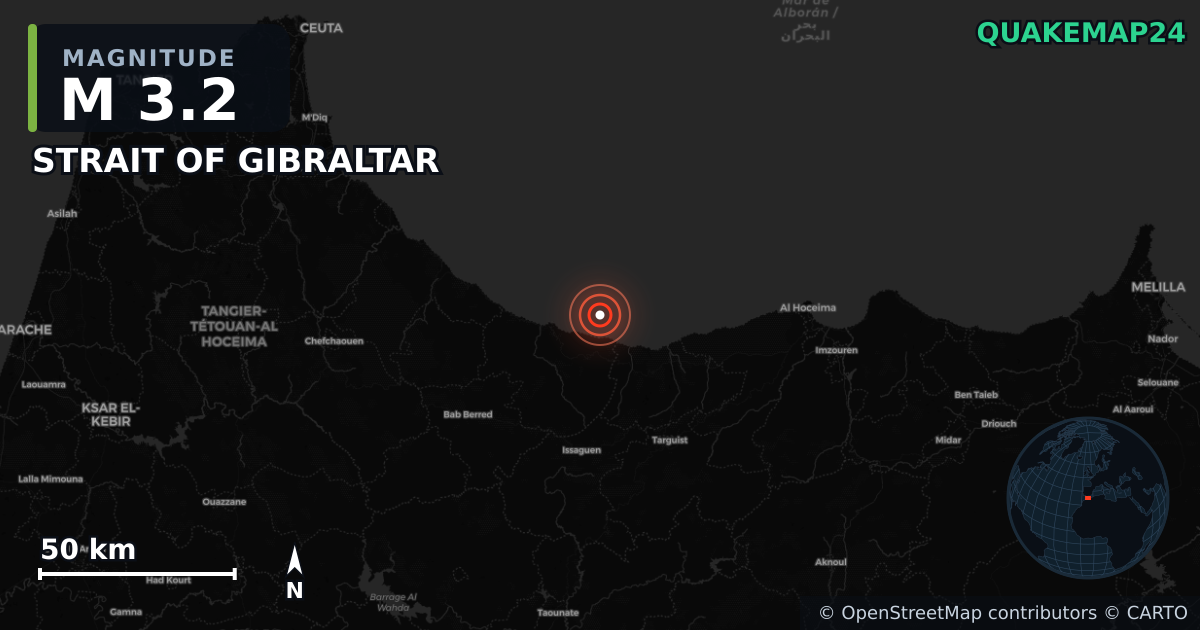 M3.2 earthquake near STRAIT OF GIBRALTAR on Jan 2, 2026 — map of epicenter and shaking intensity | QuakeMap24