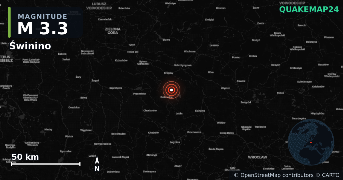 M3.3 earthquake near Świnino on Aug 24, 2026 — map of epicenter and shaking intensity | QuakeMap24