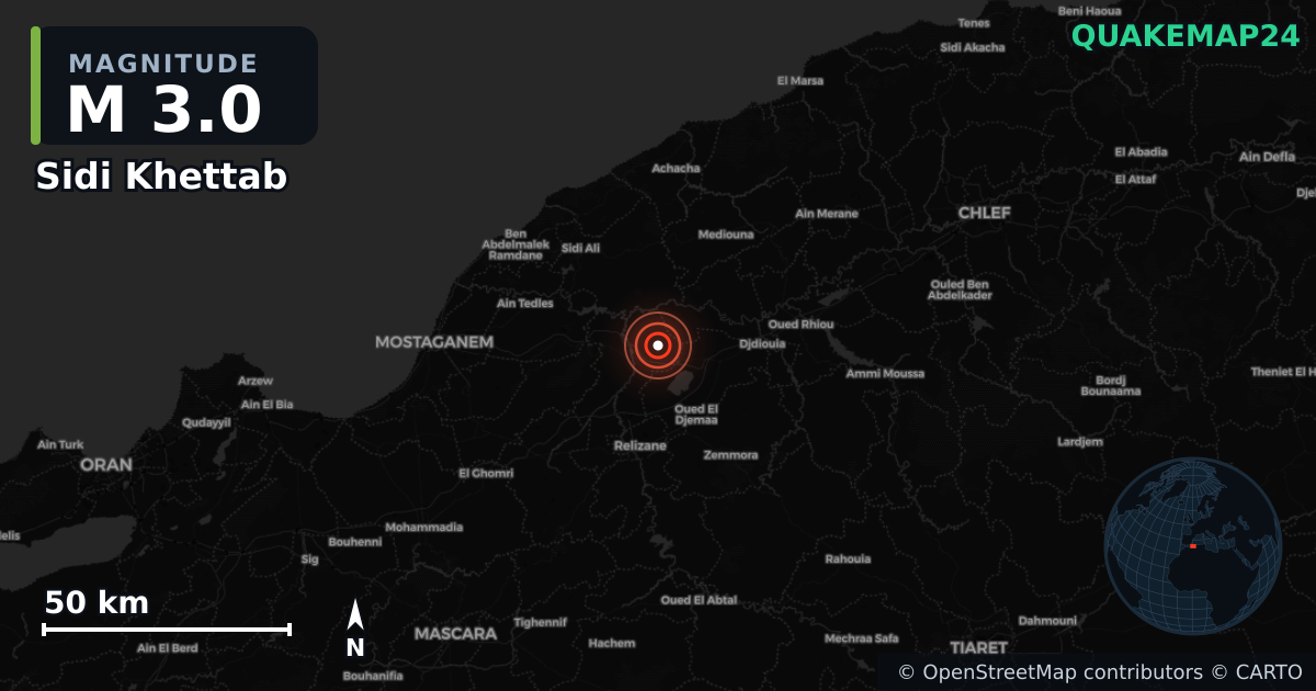 M3.0 earthquake near Sidi Khettab on Aug 19, 2026 — map of epicenter and shaking intensity | QuakeMap24