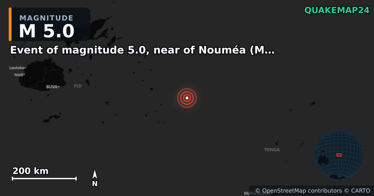 Erdbeben M5,0 bei Event of magnitude 5.0, near of Nouméa (Monde) — Karte der Lage des Epizentrums