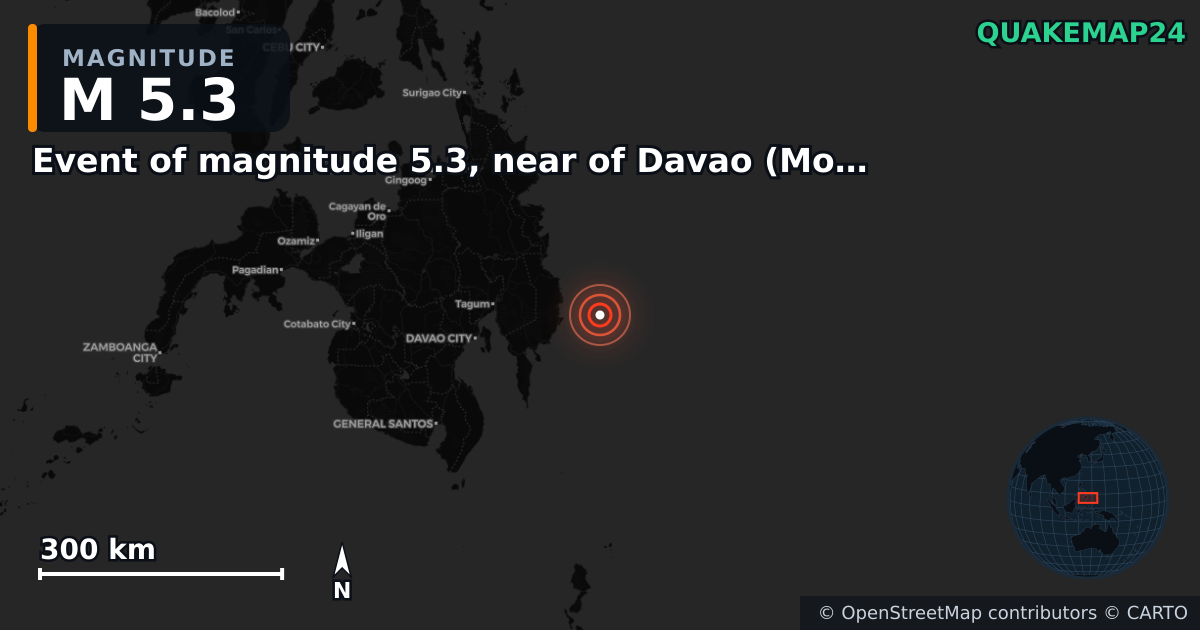 M5.3 earthquake near Event of magnitude 5.3, near of Davao (Monde) on Jan 7, 2026 — map of epicenter and shaking intensity | QuakeMap24