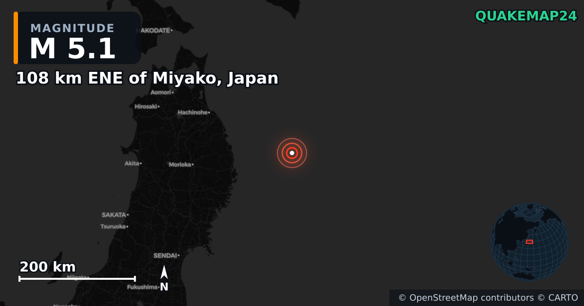 Erdbeben M5,1 bei 108 km ENE of Miyako, Japan — Karte der Lage des Epizentrums