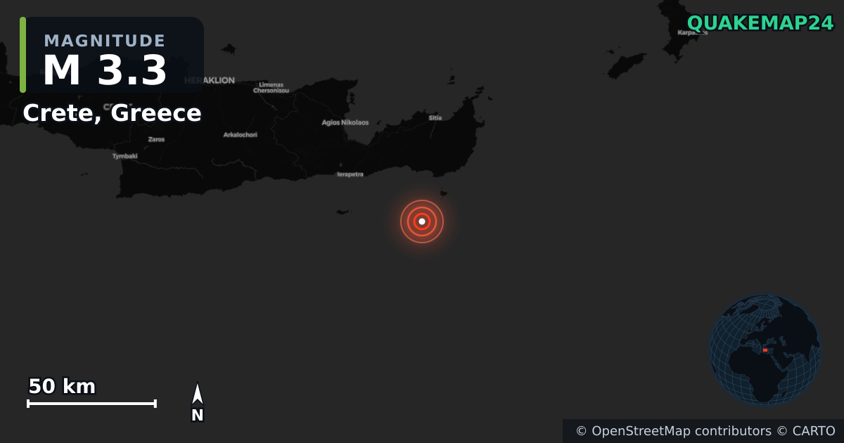 M3.3 earthquake near Crete, Greece on May 15, 2026 — map of epicenter and shaking intensity | QuakeMap24
