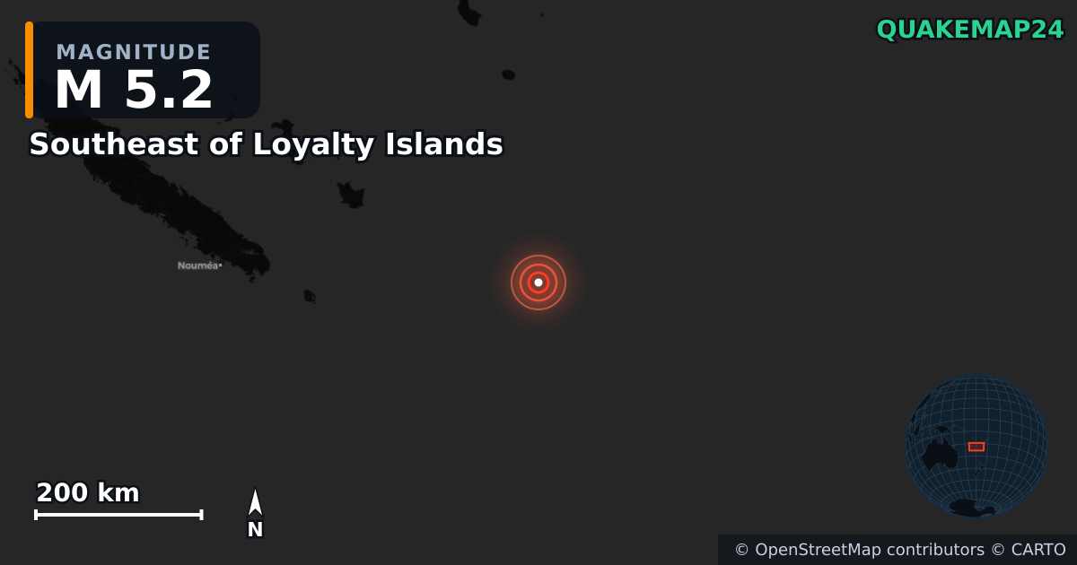 M5.2 earthquake near Southeast of Loyalty Islands on Jan 20, 2026 — map of epicenter and shaking intensity | QuakeMap24