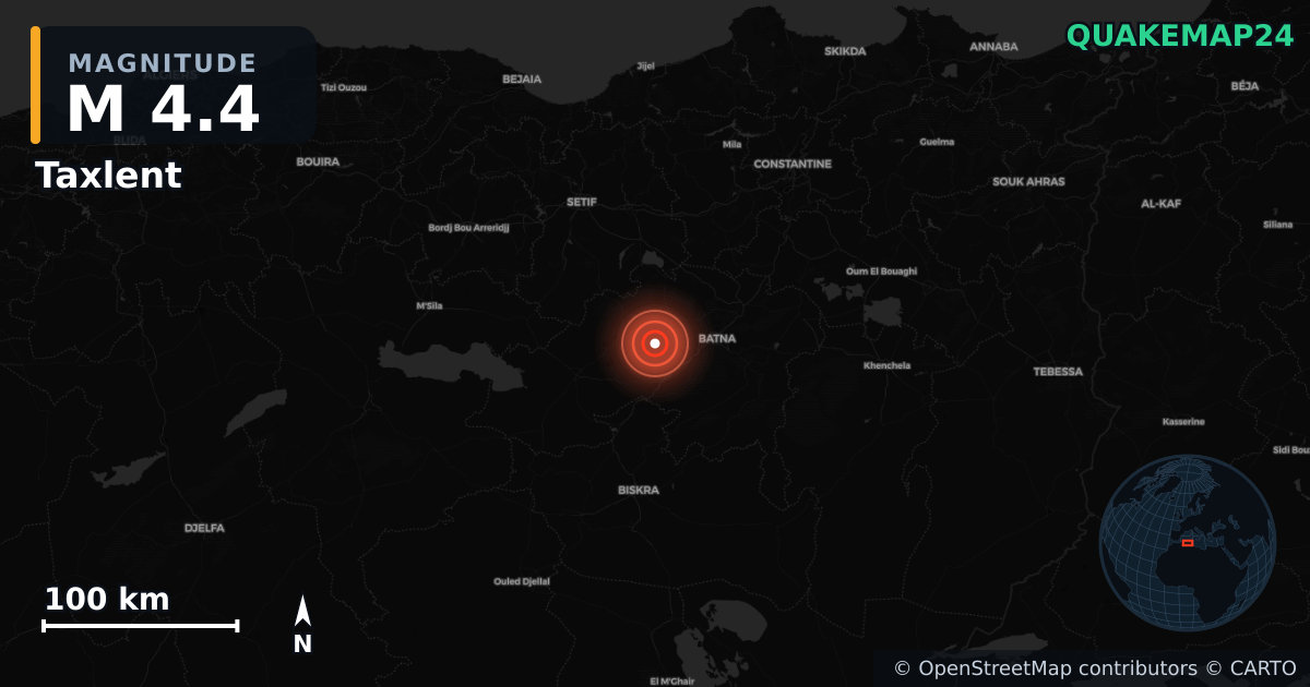 M4.4 earthquake near Taxlent on Jun 3, 2026 — map of epicenter and shaking intensity | QuakeMap24
