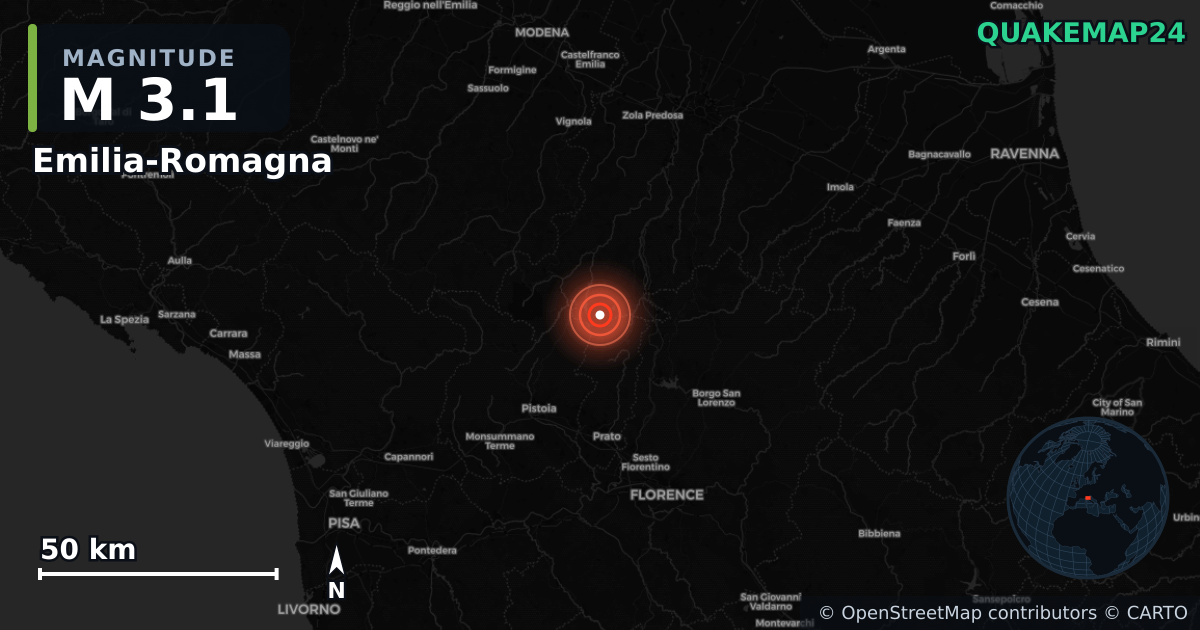 M3.1 earthquake near Emilia-Romagna on Jan 2, 2026 — map of epicenter and shaking intensity | QuakeMap24