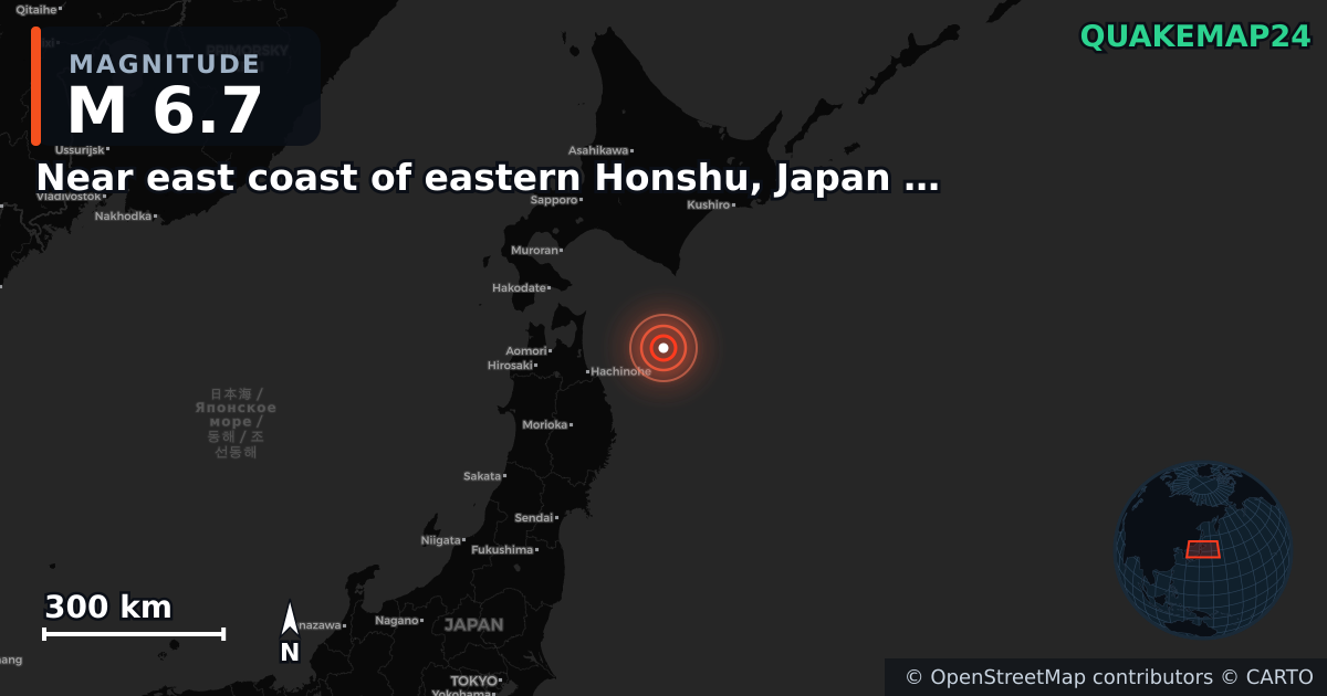 M6.7 earthquake near Near east coast of eastern Honshu, Japan [Sea: Japan] on Dec 12, 2025 — map of epicenter and shaking intensity | QuakeMap24