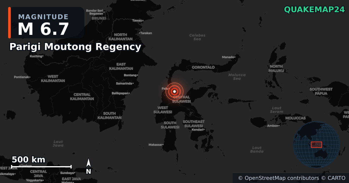 M6.7 earthquake near Parigi Moutong Regency on Jun 16, 2026 — map of epicenter and shaking intensity | QuakeMap24
