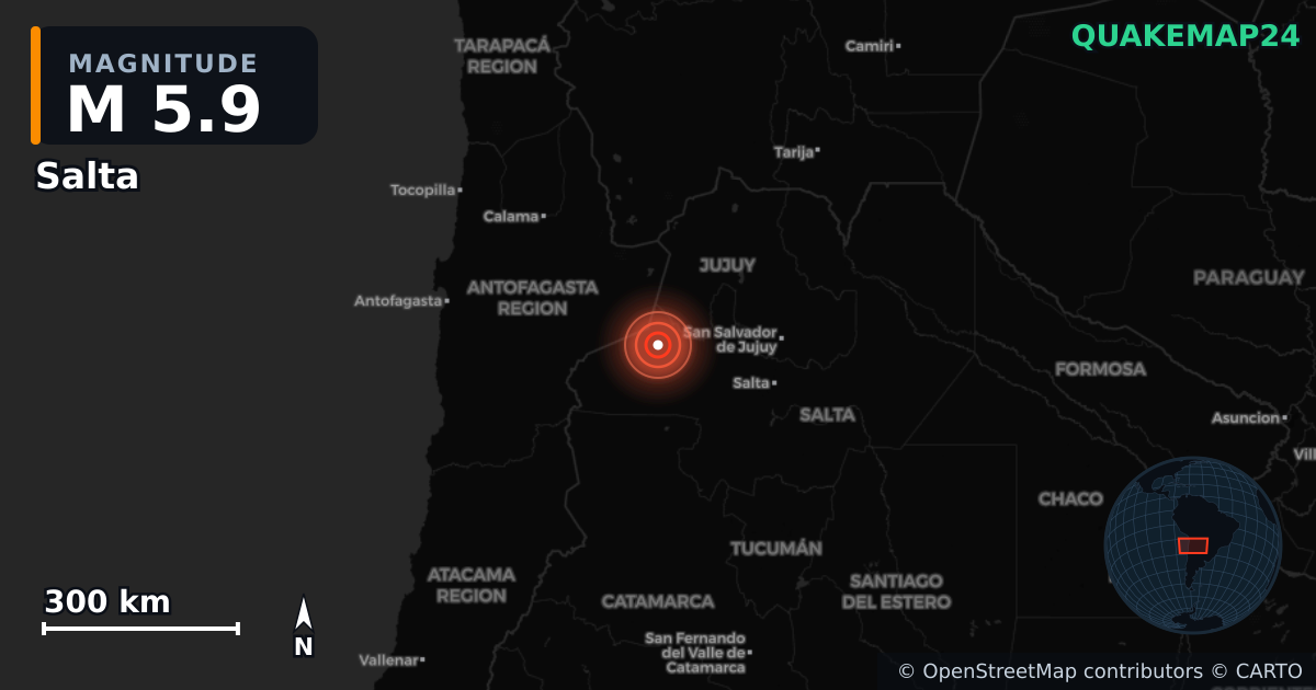 M5.9 earthquake near Salta on Sep 4, 2025 — map of epicenter and shaking intensity | QuakeMap24