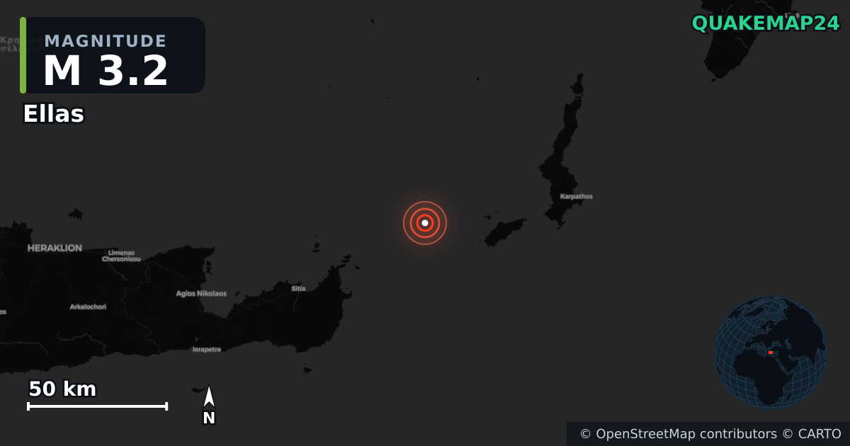 M3.2 earthquake near Ellas on May 29, 2026 — map of epicenter and shaking intensity | QuakeMap24