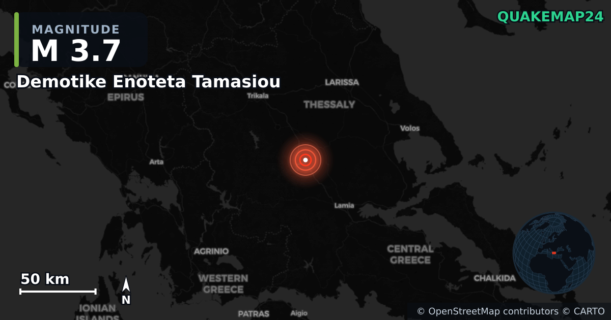 M3.7 earthquake near Demotike Enoteta Tamasiou on Feb 14, 2026 — map of epicenter and shaking intensity | QuakeMap24