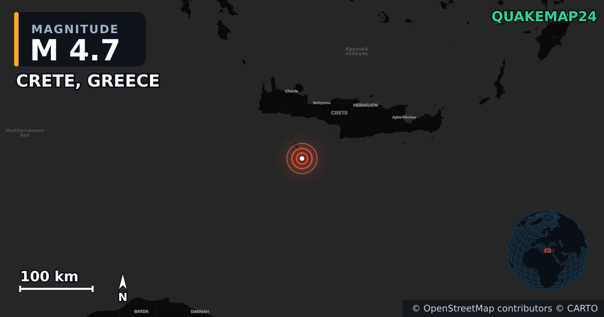 M4.7 earthquake near CRETE, GREECE on Jun 20, 2026 — map of epicenter and shaking intensity | QuakeMap24