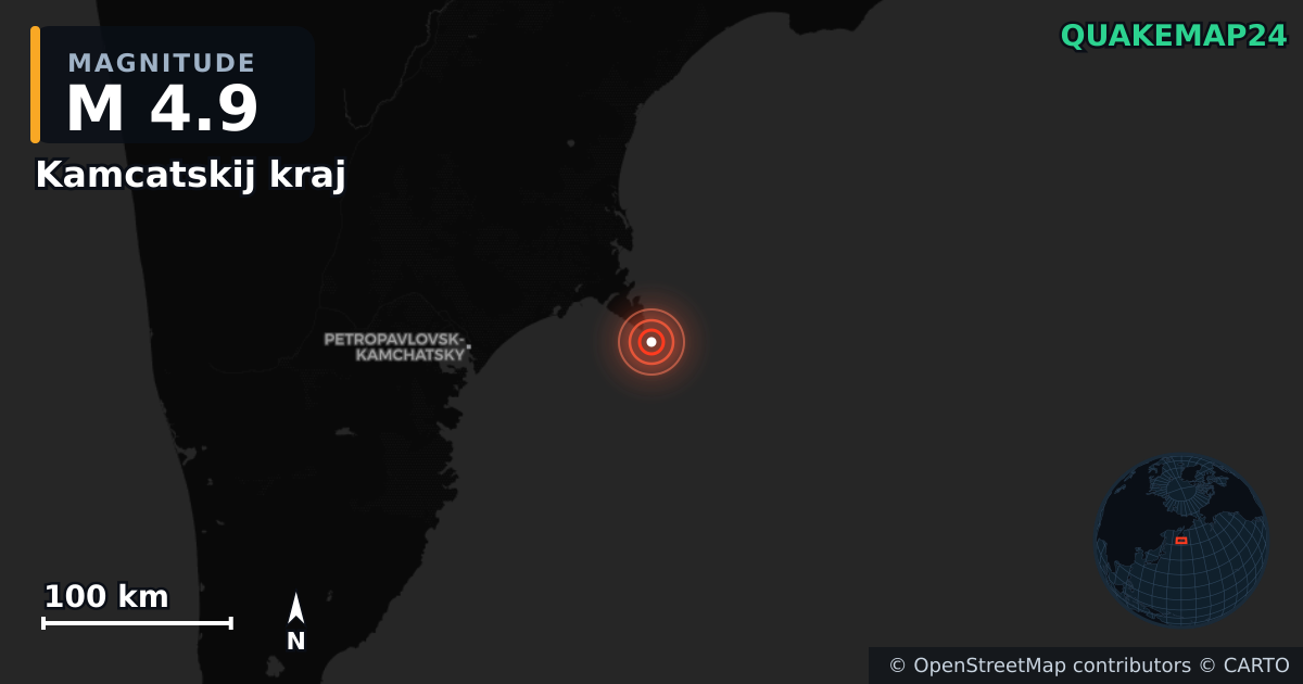 M4.9 earthquake near Kamcatskij kraj on Oct 20, 2025 — map of epicenter and shaking intensity | QuakeMap24