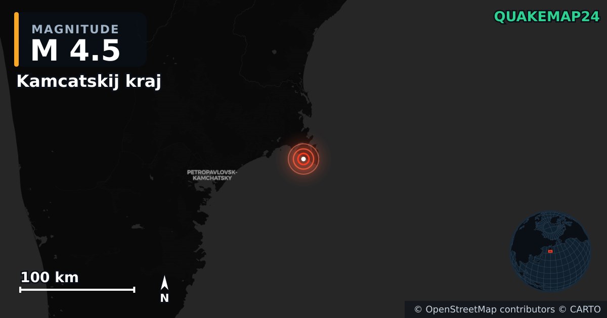 M4.5 earthquake near Kamcatskij kraj on Sep 20, 2025 — map of epicenter and shaking intensity | QuakeMap24