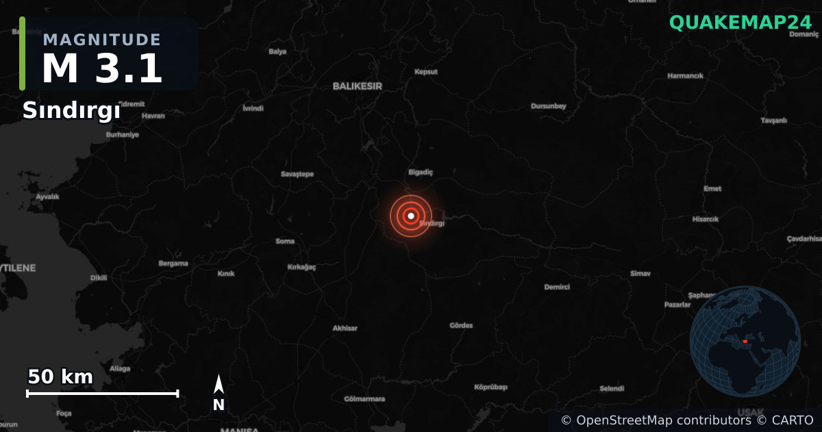M3.1 earthquake near Sındırgı on Oct 24, 2025 — map of epicenter and shaking intensity | QuakeMap24