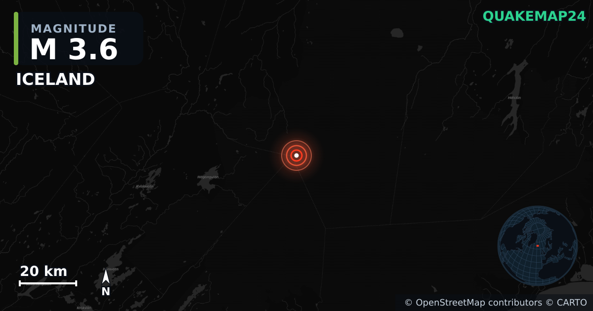 M3.6 earthquake near ICELAND on Jul 4, 2025 — map of epicenter and shaking intensity | QuakeMap24