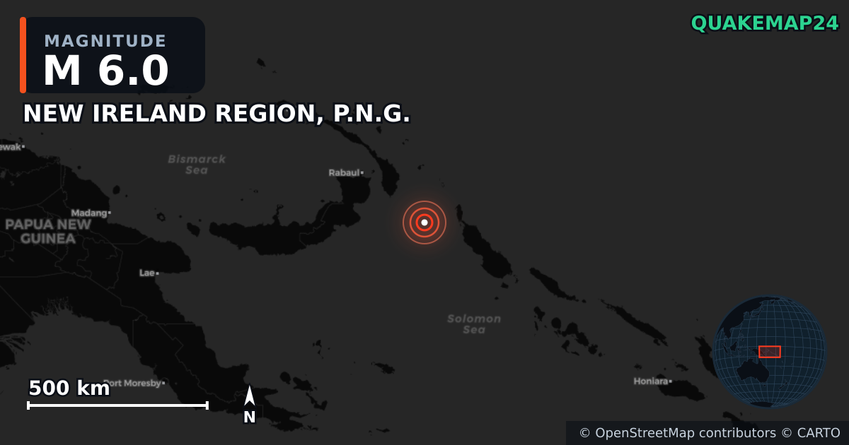 M6.0 earthquake near NEW IRELAND REGION, P.N.G. on Sep 16, 2025 — map of epicenter and shaking intensity | QuakeMap24