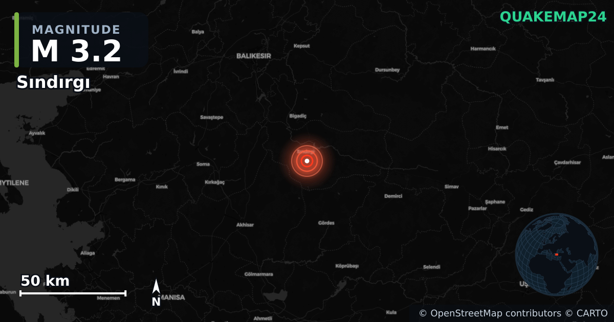 M3.2 earthquake near Sındırgı on Aug 24, 2025 — map of epicenter and shaking intensity | QuakeMap24