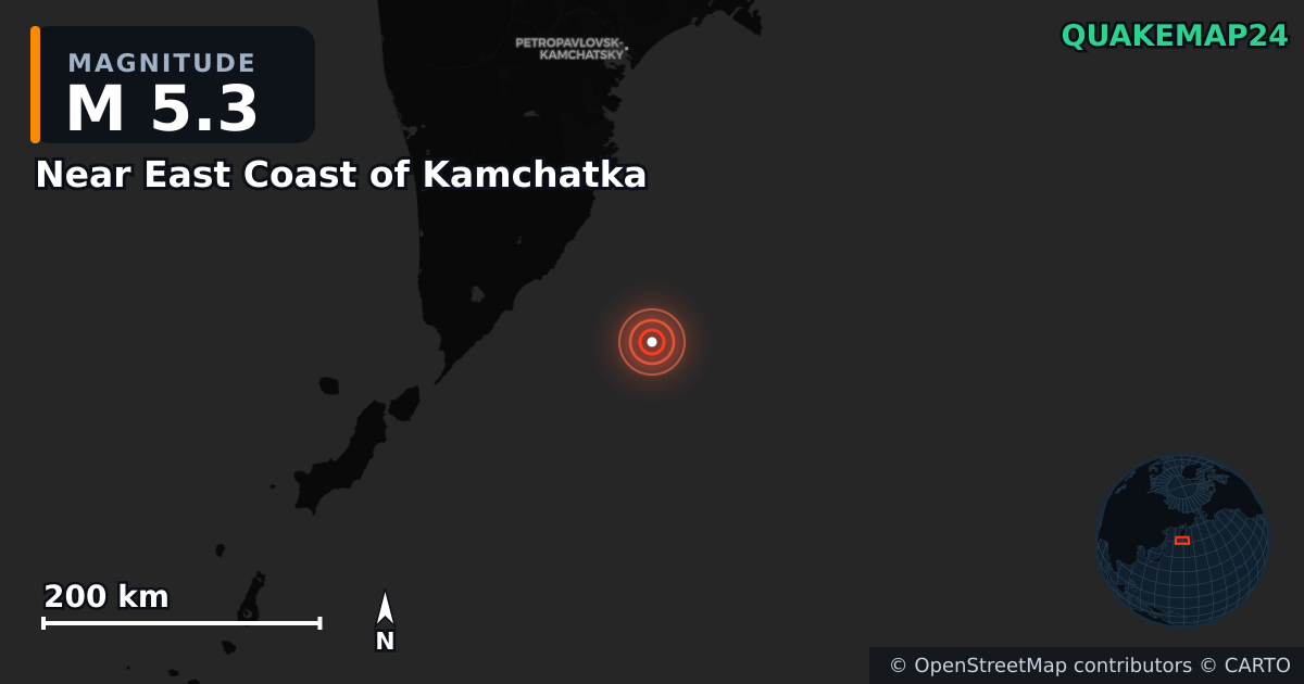 M5.3 earthquake near Near East Coast of Kamchatka on Jul 30, 2025 — map of epicenter and shaking intensity | QuakeMap24