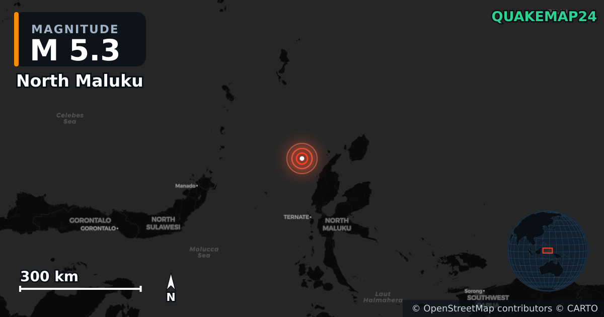 M5.3 earthquake near North Maluku on Jul 20, 2026 — map of epicenter and shaking intensity | QuakeMap24