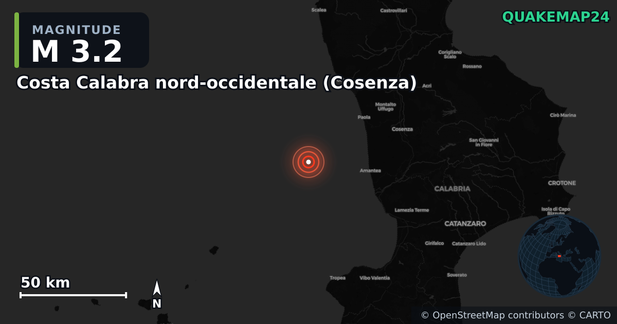 M3.2 earthquake near Costa Calabra nord-occidentale (Cosenza) on Jan 11, 2026 — map of epicenter and shaking intensity | QuakeMap24
