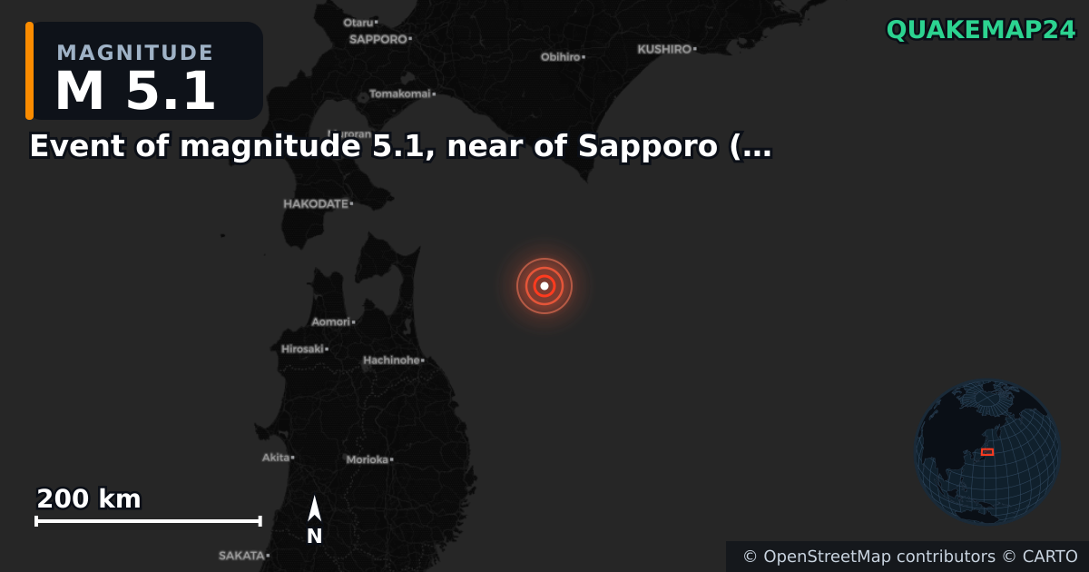 M5.1 earthquake near Event of magnitude 5.1, near of Sapporo (Monde) on Dec 31, 2025 — map of epicenter and shaking intensity | QuakeMap24