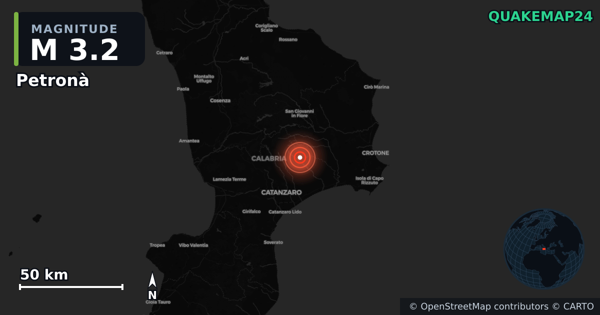 Petronà, Calabria (İtalya) yakınında M3,2 deprem · 2026-06-26 — Deprem merkez üssünün konumunu gösteren harita