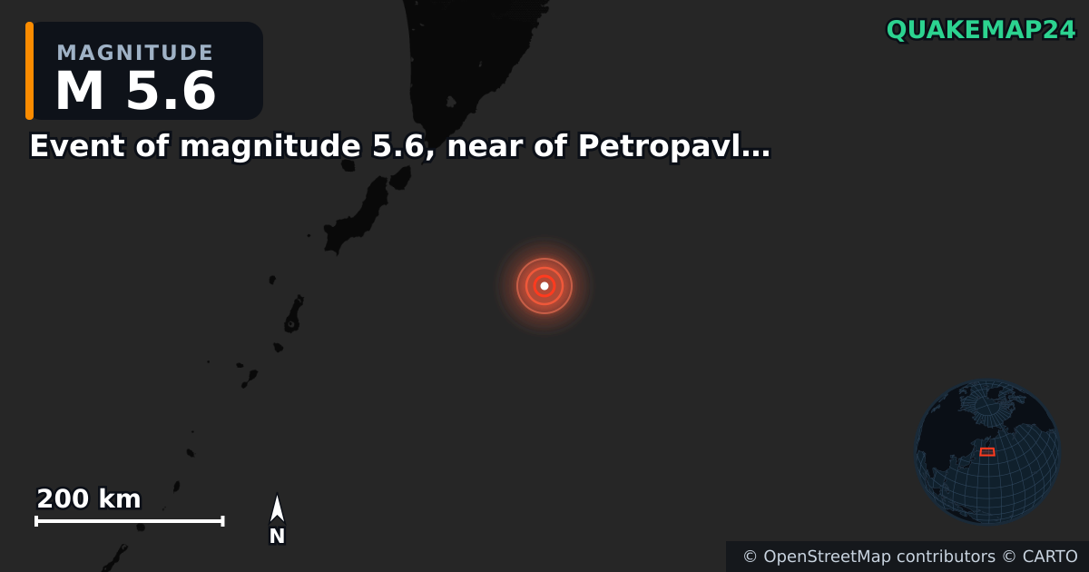 M5.6 earthquake near Event of magnitude 5.6, near of Petropavlovsk Kamchatskiy (Monde) on Nov 21, 2025 — map of epicenter and shaking intensity | QuakeMap24