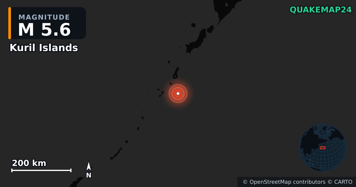 M5.6 earthquake near Kuril Islands on Oct 13, 2025 — map of epicenter and shaking intensity | QuakeMap24