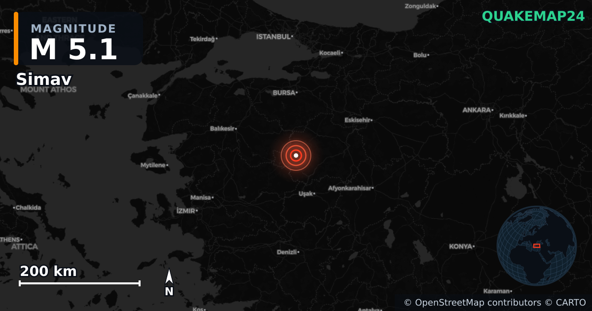 M5.1 earthquake near Simav on Oct 8, 2025 — map of epicenter and shaking intensity | QuakeMap24