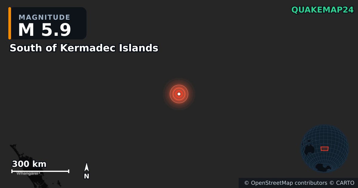 M5.9 earthquake near South of Kermadec Islands on Apr 18, 2026 — map of epicenter and shaking intensity | QuakeMap24