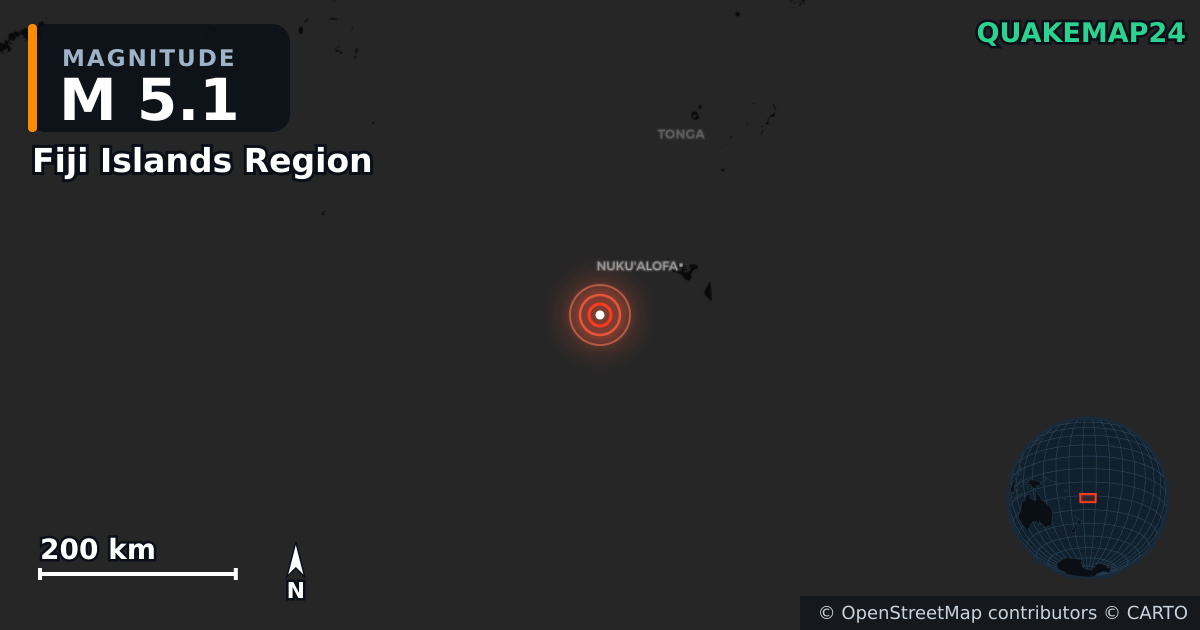 M5.1 earthquake near Fiji Islands Region on Jun 13, 2025 — map of epicenter and shaking intensity | QuakeMap24
