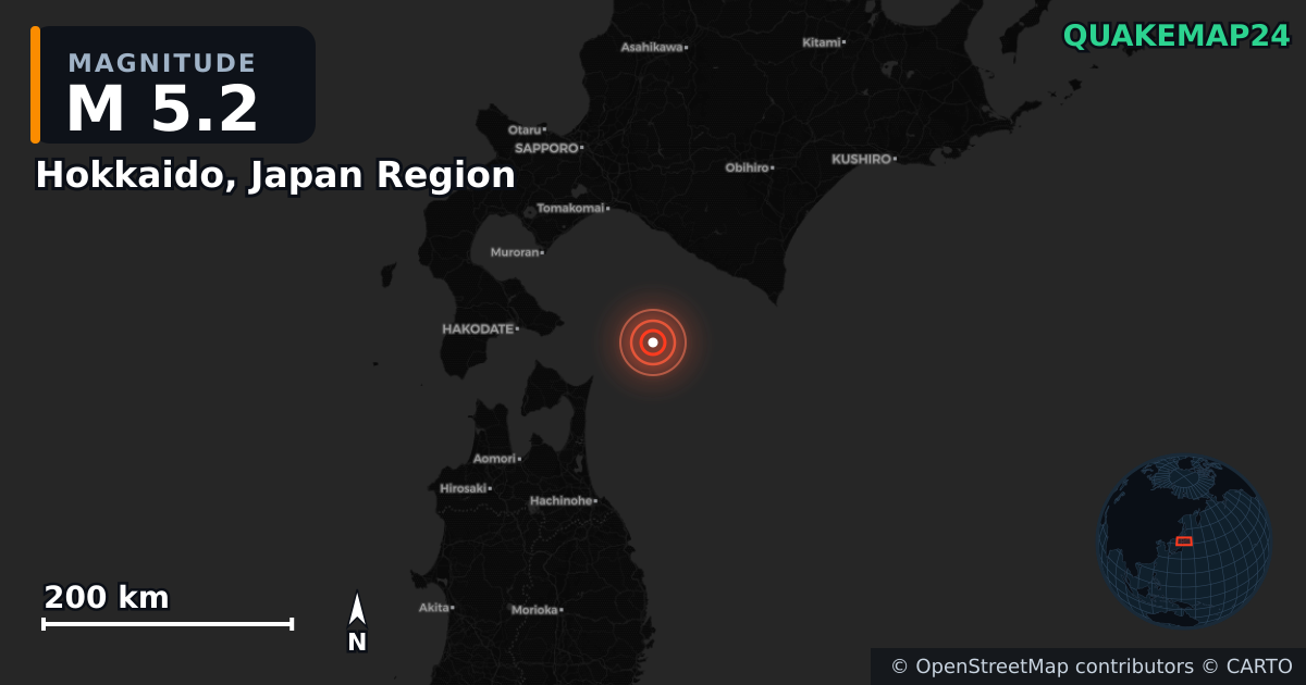 M5.2 earthquake near Hokkaido, Japan Region on May 12, 2025 — map of epicenter and shaking intensity | QuakeMap24
