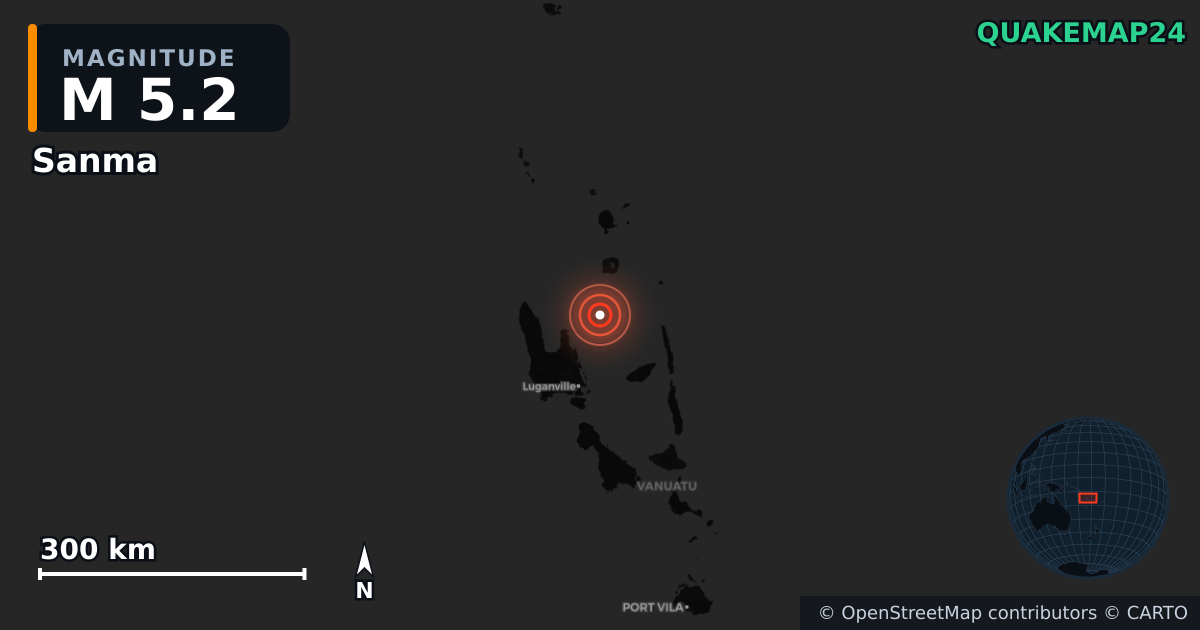 M5.2 earthquake near Sanma on Jun 28, 2026 — map of epicenter and shaking intensity | QuakeMap24