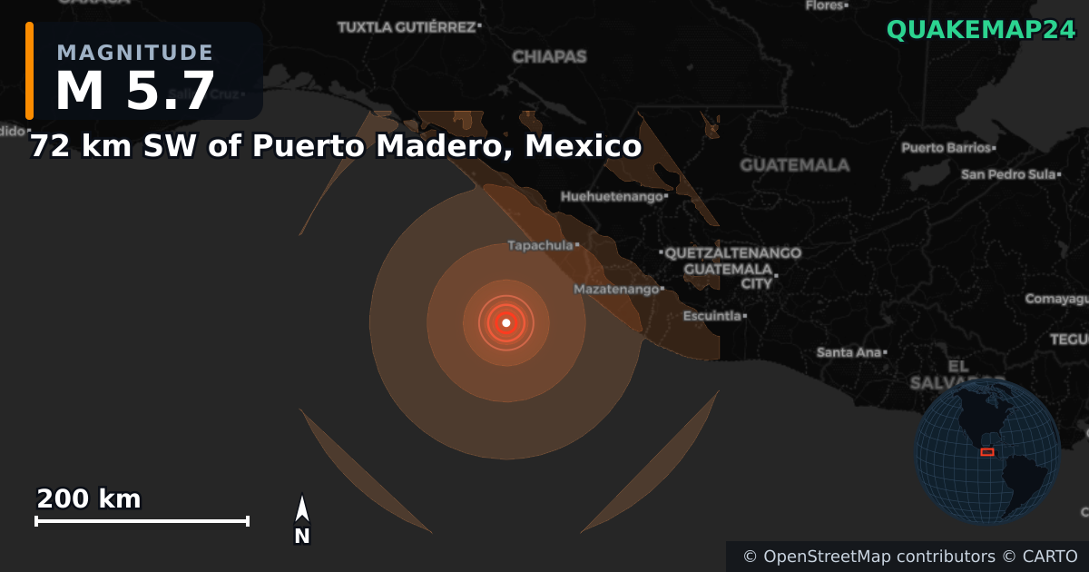 M5.7 earthquake near 72 km SW of Puerto Madero, Mexico on Jul 18, 2026 — map of epicenter and shaking intensity | QuakeMap24