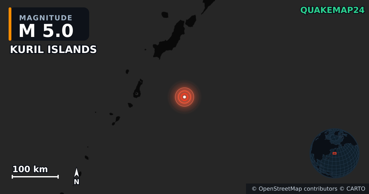 M5.0 earthquake near KURIL ISLANDS on Jan 9, 2026 — map of epicenter and shaking intensity | QuakeMap24