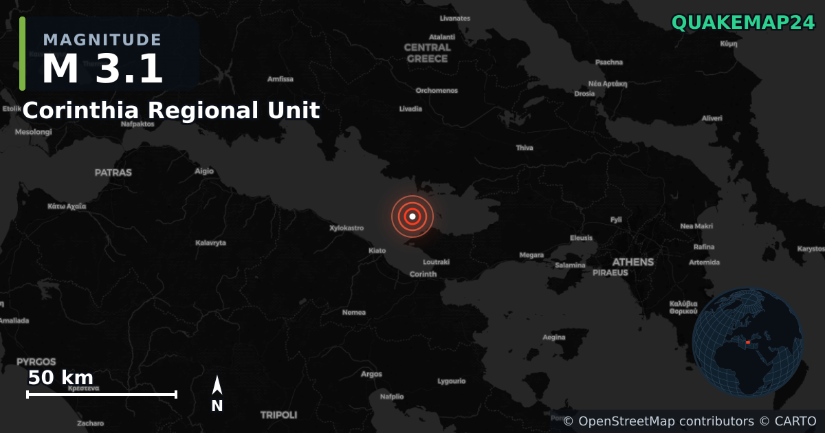 M3.1 earthquake near Corinthia Regional Unit on Jul 2, 2026 — map of epicenter and shaking intensity | QuakeMap24