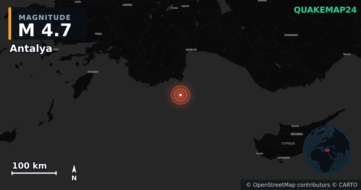 M4.7 earthquake near Antalya on Apr 13, 2026 — map of epicenter and shaking intensity | QuakeMap24