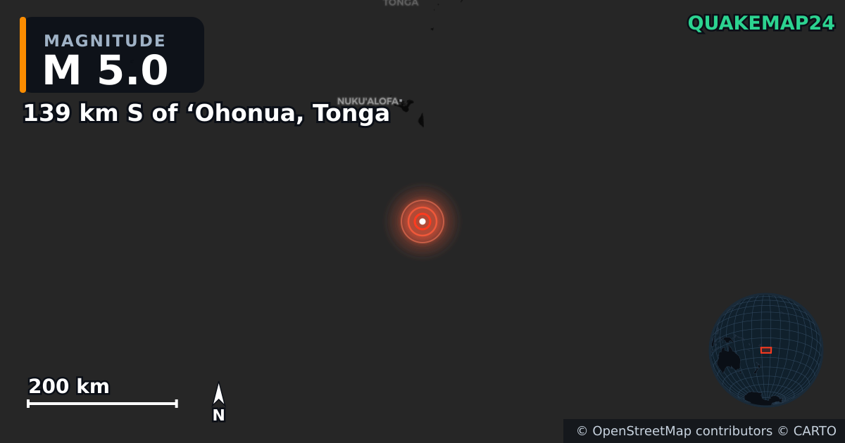 M5.0 earthquake near 139 km S of ‘Ohonua, Tonga on Jul 12, 2026 — map of epicenter and shaking intensity | QuakeMap24