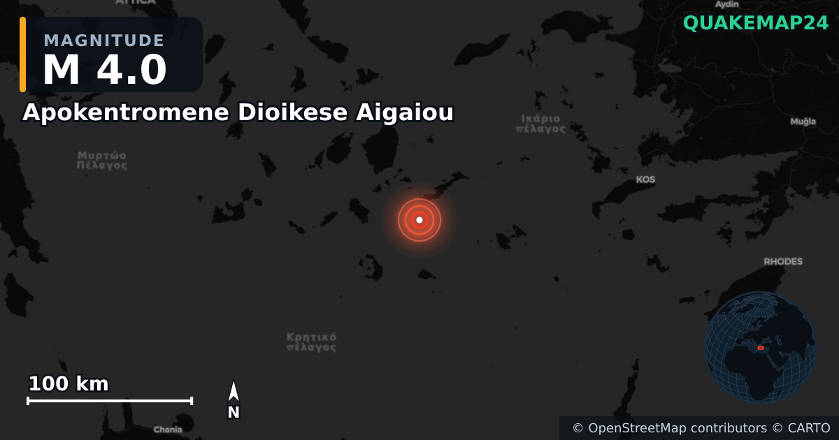 M4.0 earthquake near Apokentromene Dioikese Aigaiou on Sep 15, 2025 — map of epicenter and shaking intensity | QuakeMap24