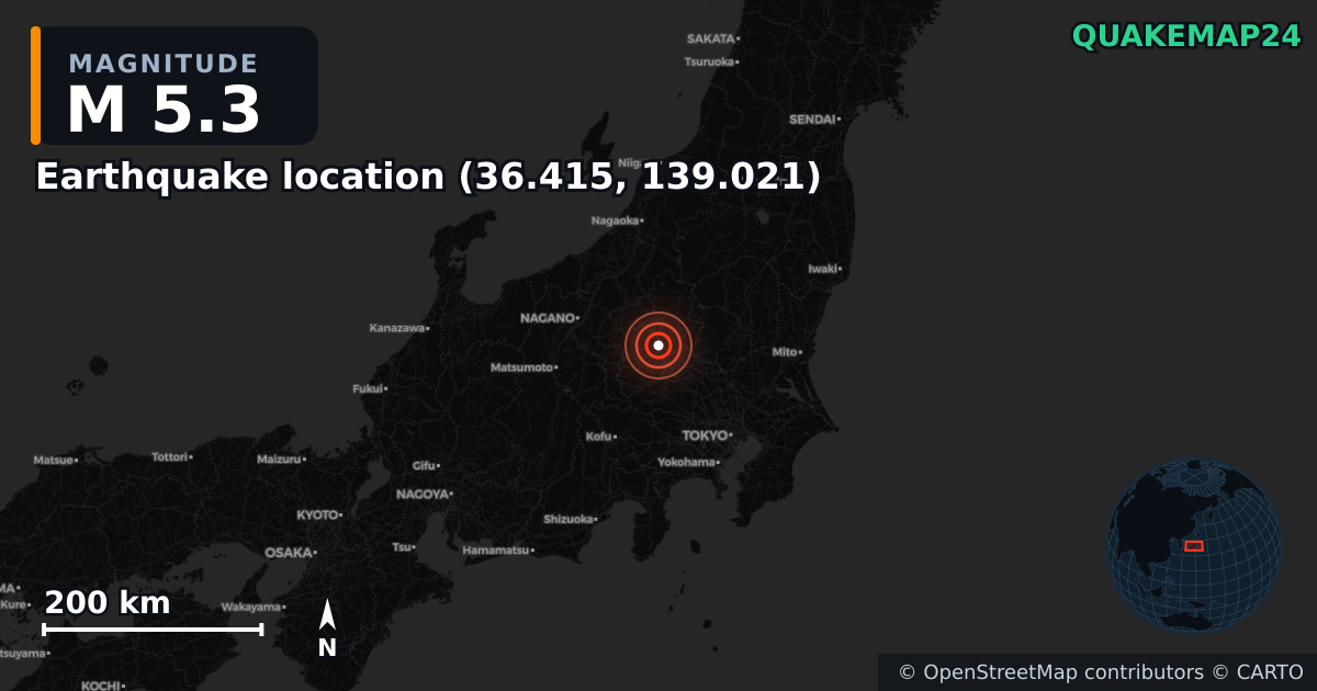 M5.3 earthquake near Deprem konumu (36.415, 139.021) on Feb 13, 2026 — map of epicenter and shaking intensity | QuakeMap24