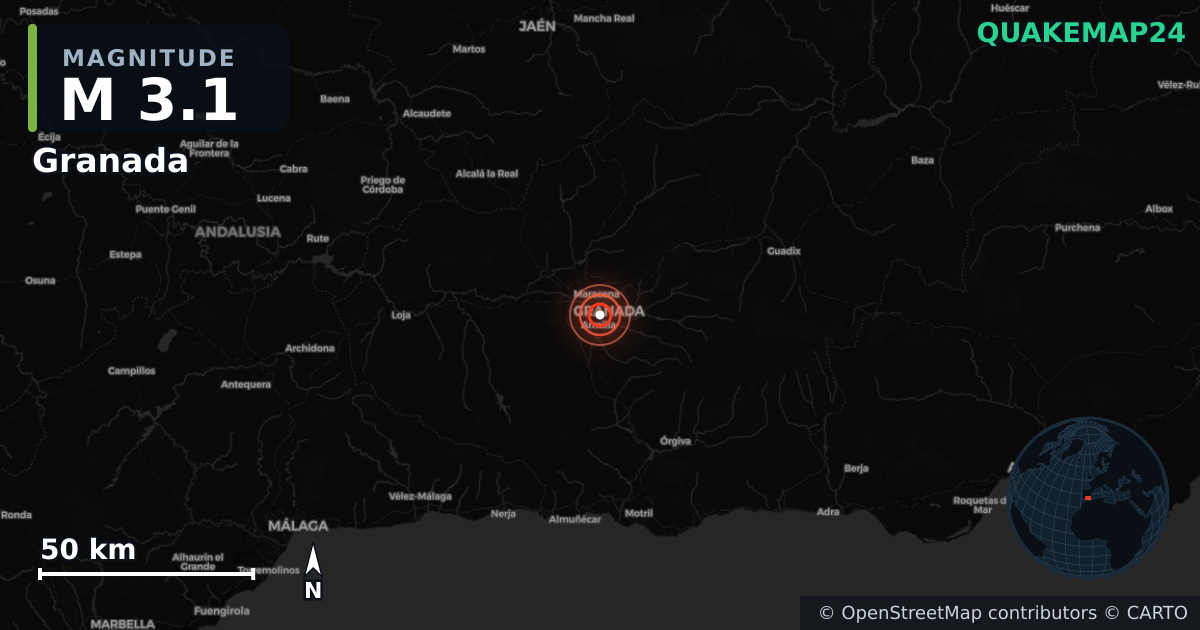 M3.1 earthquake near Granada on Jul 26, 2026 — map of epicenter and shaking intensity | QuakeMap24