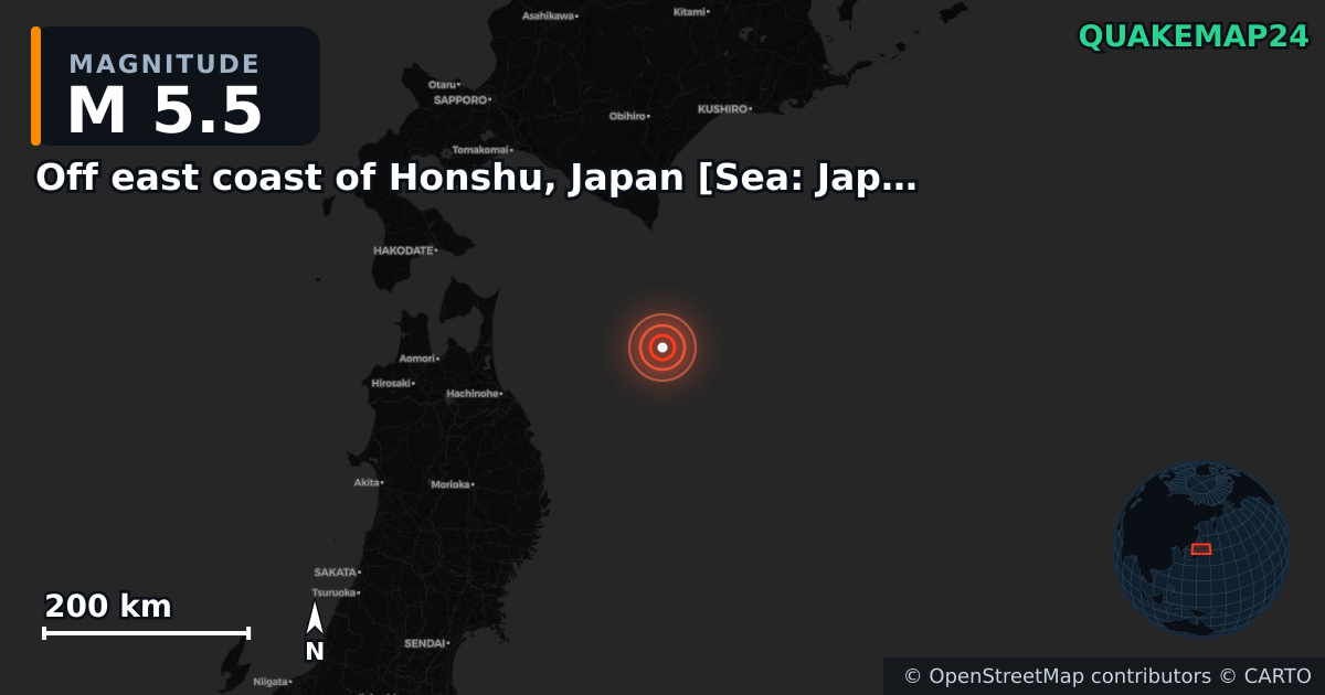 M5.5 earthquake near Off east coast of Honshu, Japan [Sea: Japan] on Dec 8, 2025 — map of epicenter and shaking intensity | QuakeMap24