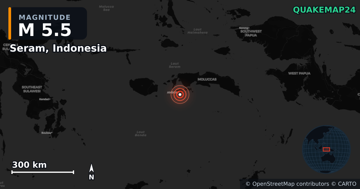Sismo de M5,5 perto de Seram, Indonesia · 2025-11-20 — Mapa da localização do epicentro