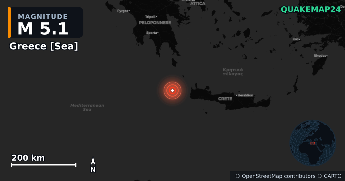 M5.1 Earthquake near Greece [Sea] · 2025-11-11 — Map showing the location of the epicenter