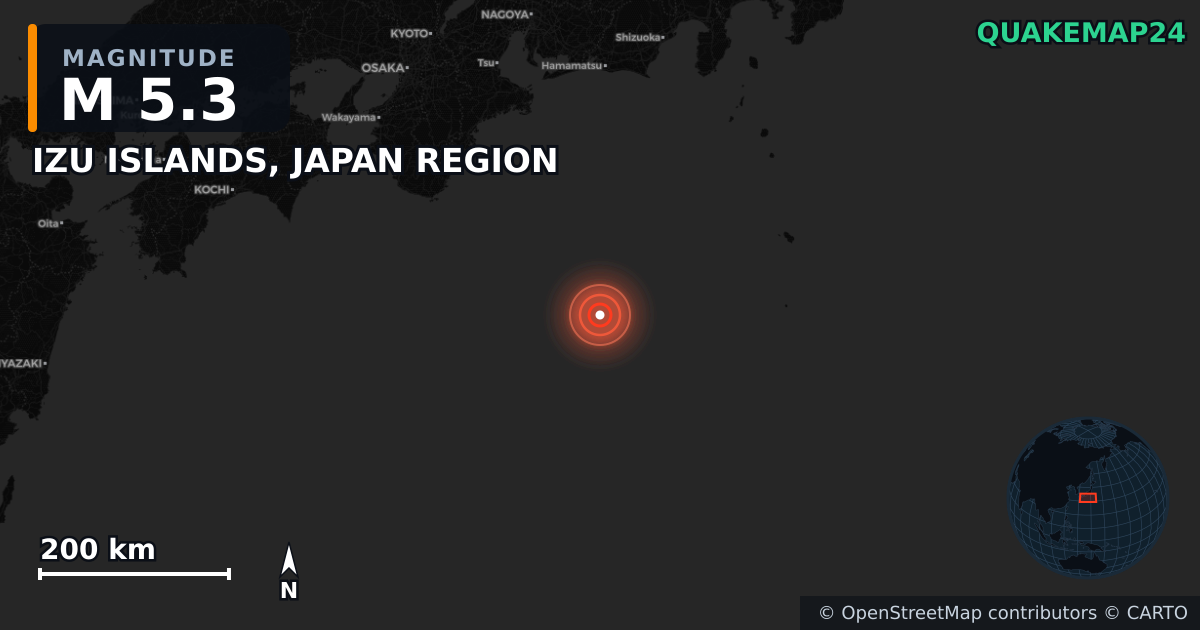 M5.3 earthquake near IZU ISLANDS, JAPAN REGION on Dec 12, 2025 — map of epicenter and shaking intensity | QuakeMap24