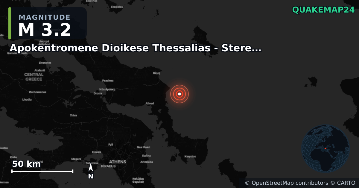M3.2 earthquake near Apokentromene Dioikese Thessalias - Stereas Ellados on May 18, 2025 — map of epicenter and shaking intensity | QuakeMap24
