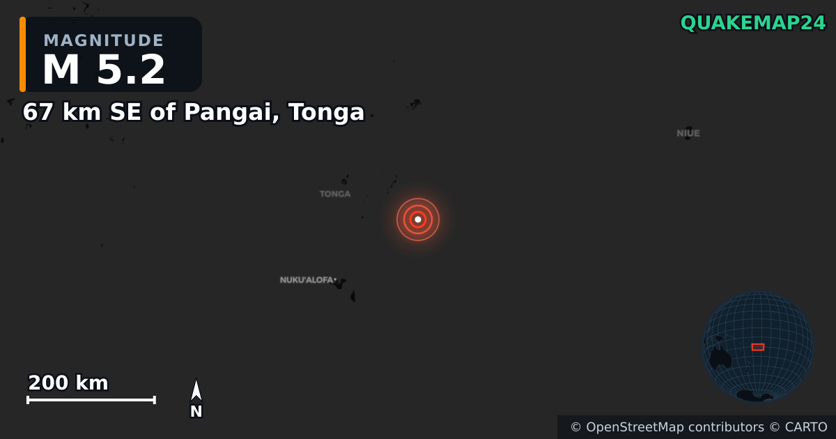 M5.2 earthquake near 67 km SE of Pangai, Tonga on Mar 30, 2025 — map of epicenter and shaking intensity | QuakeMap24