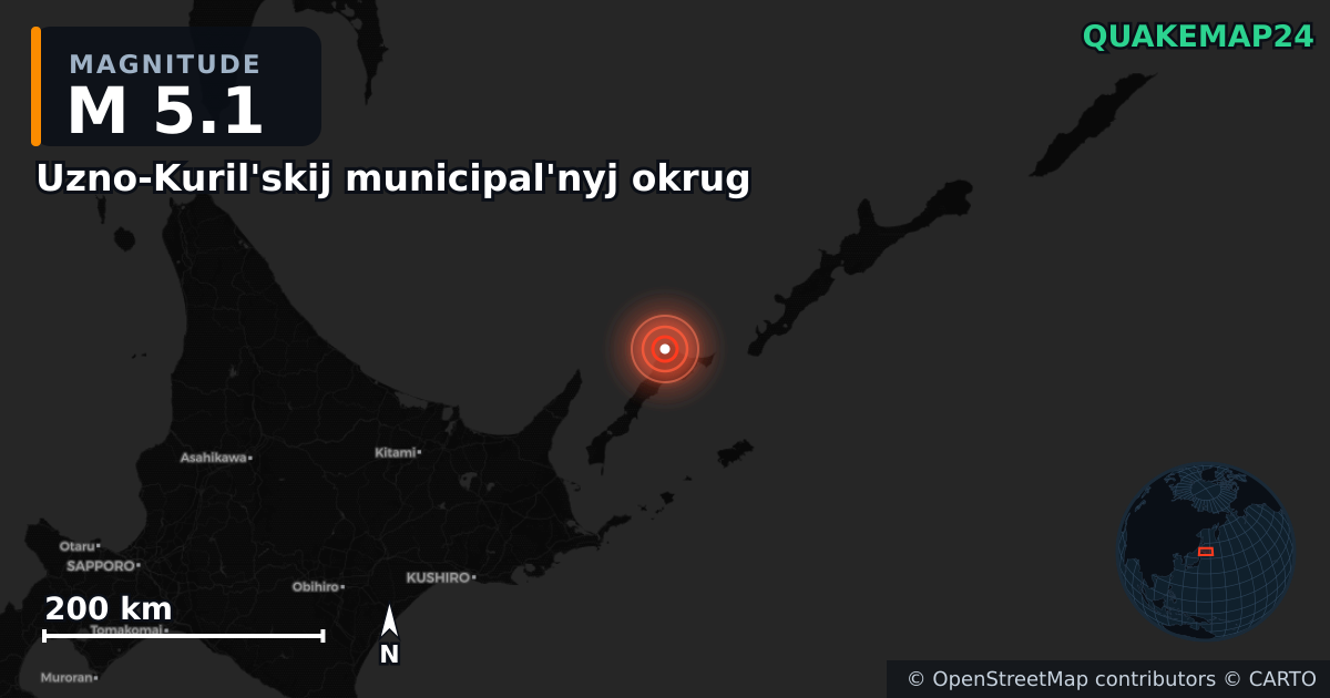 M5.1 earthquake near Uzno-Kuril'skij municipal'nyj okrug on Jan 5, 2026 — map of epicenter and shaking intensity | QuakeMap24