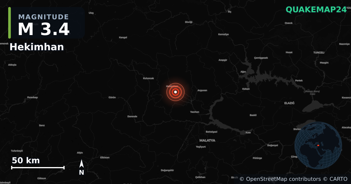 M3.4 earthquake near Hekimhan on Oct 19, 2025 — map of epicenter and shaking intensity | QuakeMap24